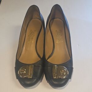 Salvatore Ferragamo Black Leather Ballet Flats with Gold Buckle Accent